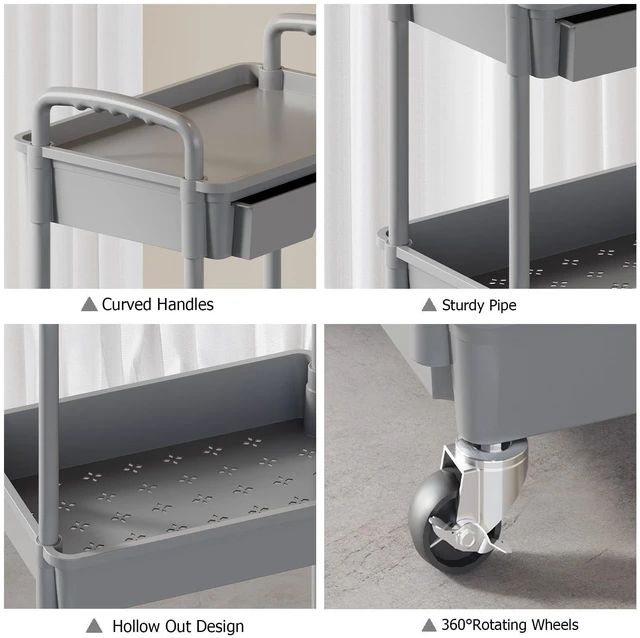 Alt view image 5 of 7 - 3 Tier Rolling Utility Cart with Drawer, Plastic Storage Organizer Rolling Carts with Wheels Handles Hanging Cups Hooks for Office, Bathroom, Kitchen,Craft Art Room (Grey)