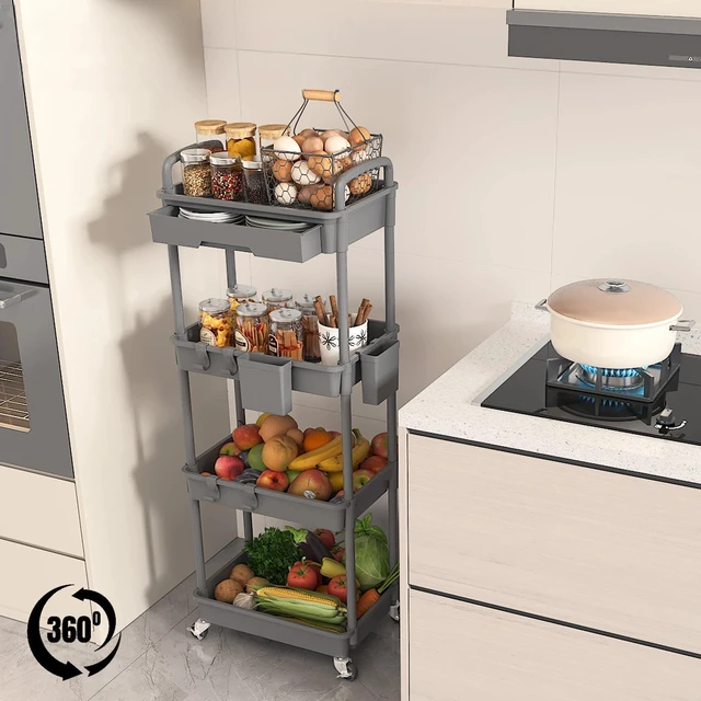 Alt view image 4 of 7 - 4 Tier Rolling Utility Cart with Drawer, Plastic Storage Organizer Rolling Carts with Wheels Handles Hanging Cups Hooks for Office, Bathroom, Kitchen,Craft Art Room (Grey)