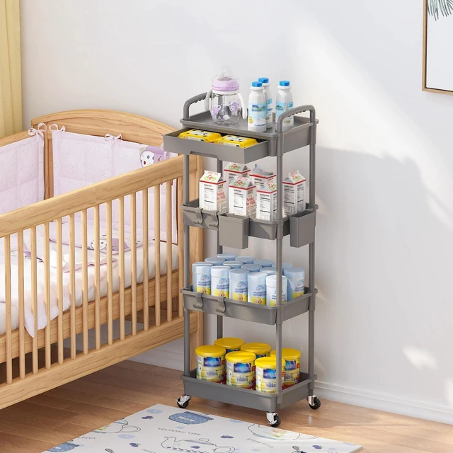 Alt view image 7 of 7 - 4 Tier Rolling Utility Cart with Drawer, Plastic Storage Organizer Rolling Carts with Wheels Handles Hanging Cups Hooks for Office, Bathroom, Kitchen,Craft Art Room (Grey)