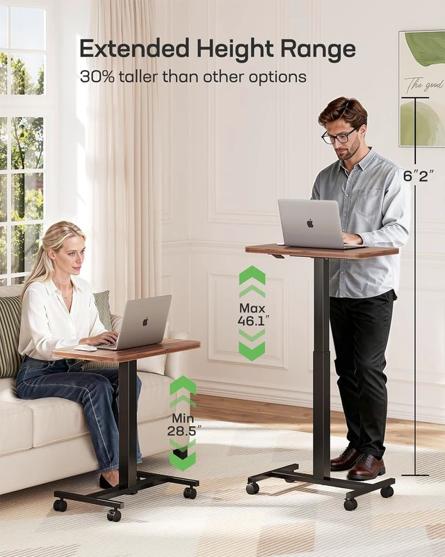 Alt view image 3 of 7 - Mobile Standing Desk, Wider Height Adjustable Computer Desk up to 46.1, Rolling Sit Stand Desk with 4 Lockable Wheels, Ergonomic Desk for Home Office and Classroom, Walnut