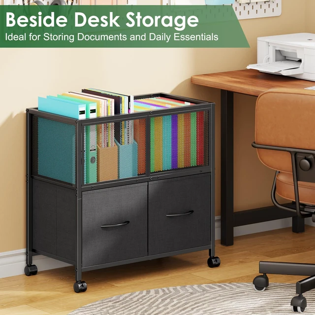 Alt view image 2 of 7 - Rolling File Cart, File Cabinet with 2 Fabric Drawers, Black Mobile Filing Cabinet with Wheels Hanging File Organizer Fit Letter Size for Home Office, Under Desk Storage Cart