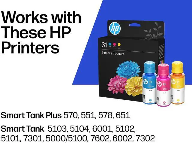 Alt view image 3 of 7 - 31 Cyan, Magenta, Yellow Ink Bottles (3-Pack) | Works with Smart Tank 5000, 6000, 7000 and Smart Tank Plus 500, 600 Series | 9C228AN