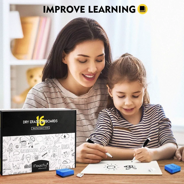 Alt view image 6 of 7 - 16 Pack Double-Sided Small White Board, 9x12 Dry Erase LapBoards Mini White Board with 16 Pens, 16 Erasers & 16 Pen Clips, Homeschool Whiteboard Set for Student, Teachers, Office