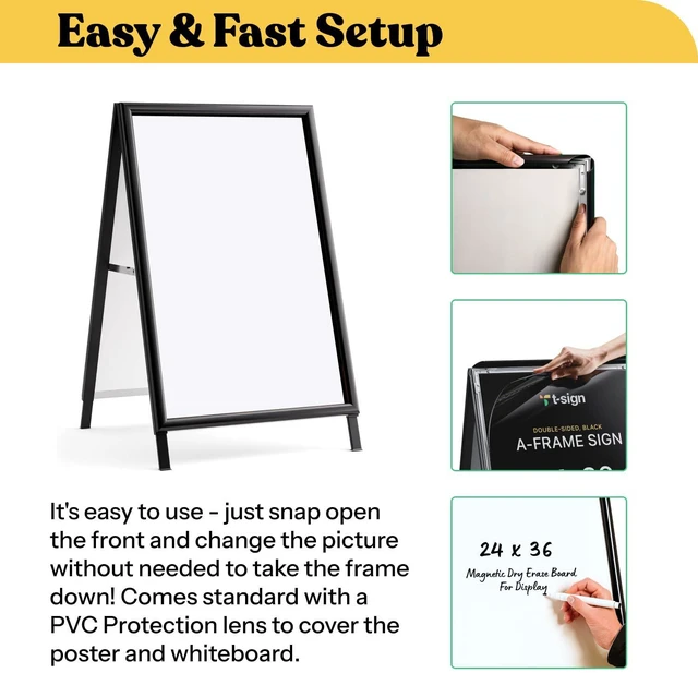 Alt view image 4 of 7 - Sidewalk Sign for Indoor & Outdoor Sign - Open Aluminum A Frame Sign Poster Board 24x36 Inches, White Dry Erase Surface - Heavy Duty Double Sided Sandwich Board, Street Advertising Sign Board