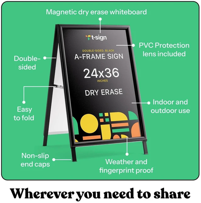 Alt view image 5 of 7 - Sidewalk Sign for Indoor & Outdoor Sign - Open Aluminum A Frame Sign Poster Board 24x36 Inches, White Dry Erase Surface - Heavy Duty Double Sided Sandwich Board, Street Advertising Sign Board
