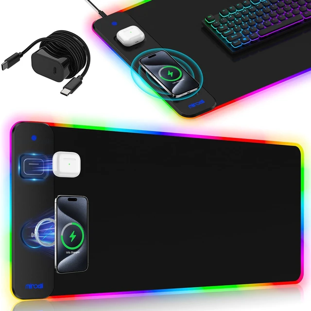 Main image of Magnetic Charging Mouse Pad 31.5x15.75, 15W Fast Wireless Charging Desk Mat, XXL Desk Pad RGB Gaming Mousepad, Home Office Large Keyboard Pad with Ultra-Smooth Surface, Non-Slip Base