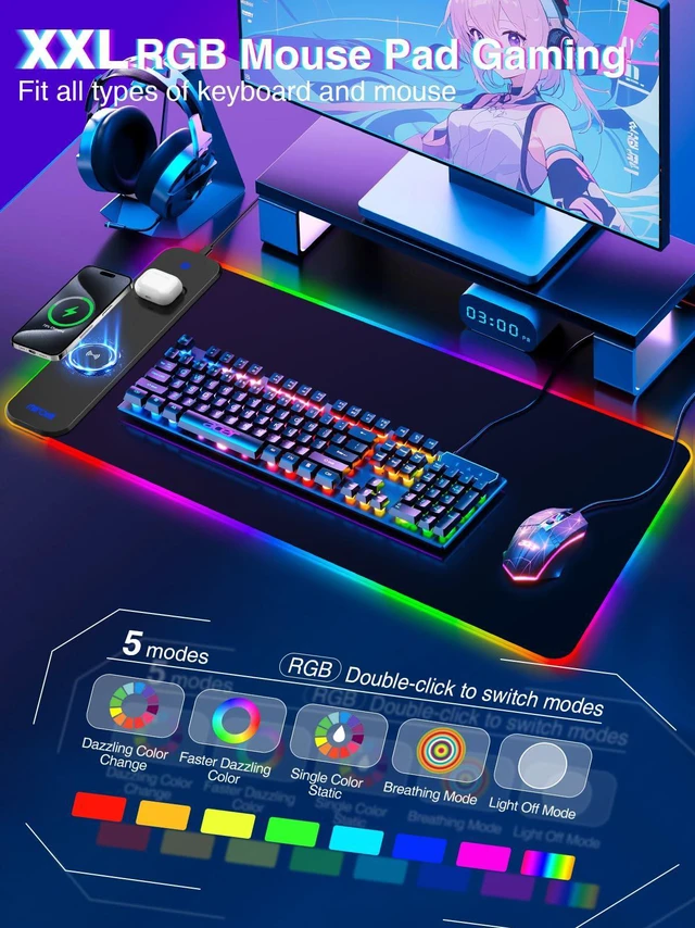 Alt view image 2 of 7 - Magnetic Charging Mouse Pad 31.5x15.75, 15W Fast Wireless Charging Desk Mat, XXL Desk Pad RGB Gaming Mousepad, Home Office Large Keyboard Pad with Ultra-Smooth Surface, Non-Slip Base