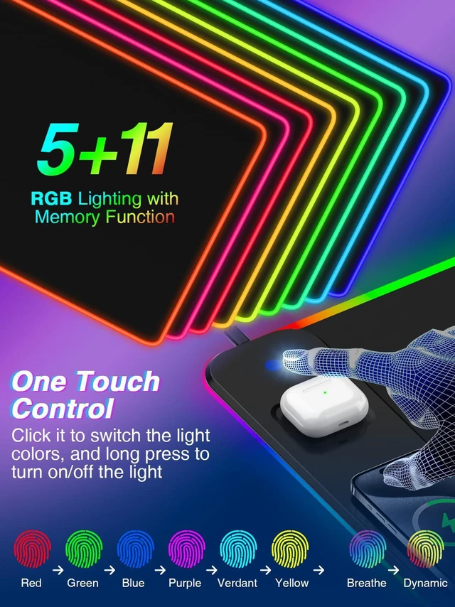 Alt view image 3 of 7 - Magnetic Charging Mouse Pad 31.5x15.75, 15W Fast Wireless Charging Desk Mat, XXL Desk Pad RGB Gaming Mousepad, Home Office Large Keyboard Pad with Ultra-Smooth Surface, Non-Slip Base