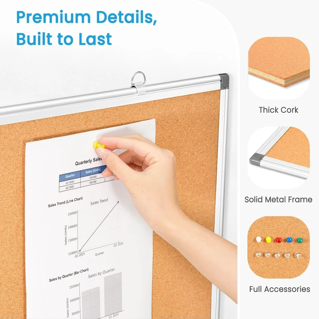Alt view image 3 of 6 - Double-Sided Cork Bulletin Board for Wall, 24" x 18" Notice Board Vision Board, Pin Display Corkboard, Hanging Wall Mount, Aluminium Frame, Portable Board for Office Home School