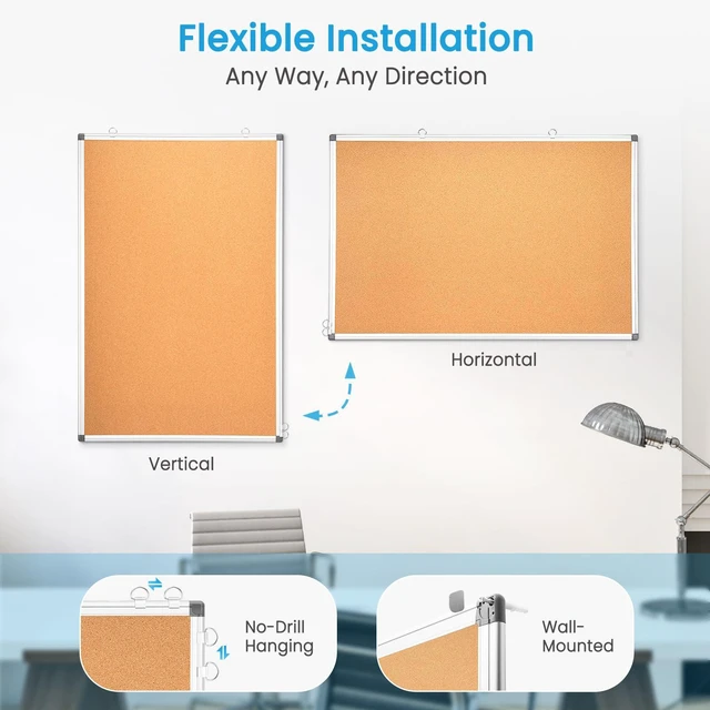 Alt view image 4 of 6 - Double-Sided Cork Bulletin Board for Wall, 24" x 18" Notice Board Vision Board, Pin Display Corkboard, Hanging Wall Mount, Aluminium Frame, Portable Board for Office Home School