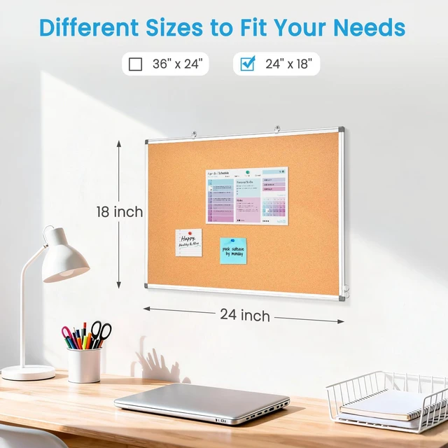 Alt view image 5 of 6 - Double-Sided Cork Bulletin Board for Wall, 24" x 18" Notice Board Vision Board, Pin Display Corkboard, Hanging Wall Mount, Aluminium Frame, Portable Board for Office Home School
