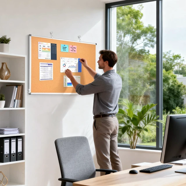 Alt view image 6 of 6 - Double-Sided Cork Bulletin Board for Wall, 24" x 18" Notice Board Vision Board, Pin Display Corkboard, Hanging Wall Mount, Aluminium Frame, Portable Board for Office Home School