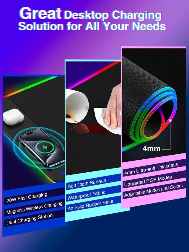 Alt view image 6 of 7 - Magnetic Charging Mouse Pad 31.5x15.75, 15W Fast Wireless Charging Desk Mat, XXL Desk Pad RGB Gaming Mousepad, Home Office Large Keyboard Pad with Ultra-Smooth Surface, Non-Slip Base