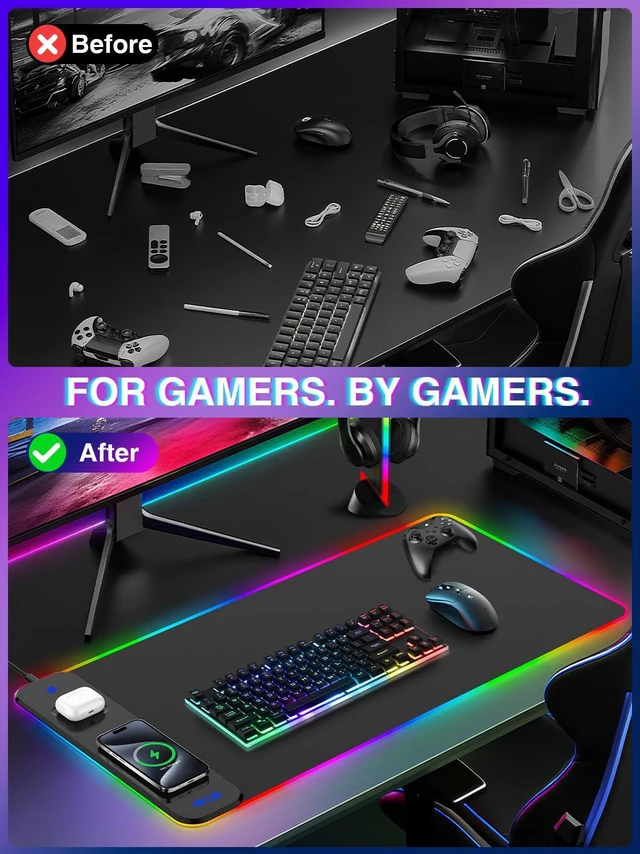 Alt view image 7 of 7 - Magnetic Charging Mouse Pad 31.5x15.75, 15W Fast Wireless Charging Desk Mat, XXL Desk Pad RGB Gaming Mousepad, Home Office Large Keyboard Pad with Ultra-Smooth Surface, Non-Slip Base