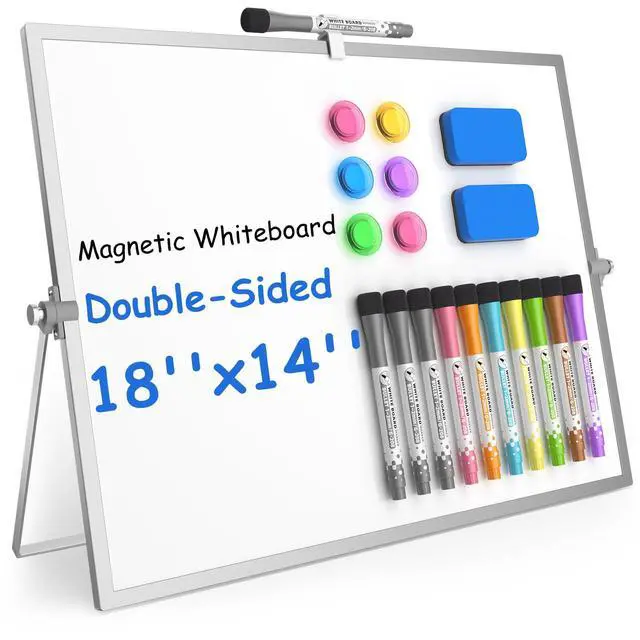 Main image of Magnetic Dry Erase Board with Stand, 18''x14'' Desktop Whiteboard Double-Sided White Board with Stand, Large White Board, Desk Whiteboard Portable, Dry Erase Board for Home, School, Office