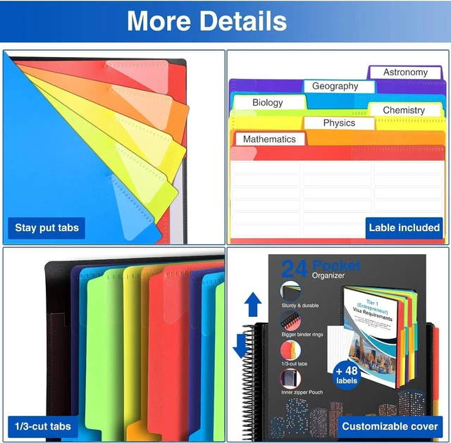 Alt view image 5 of 7 - 24 Pocket Project Organizer, 1/3-cut Tab Binder Organizer with Sticky Labels, Multi Pocket Folder with Zipper Pouch, Folder Binder Spiral Pocket Notebook, Office Supplies