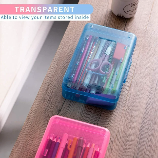 Alt view image 6 of 6 - 3 Pack Pencil Case, Large Hard Pencil Box Bulk, Clear Crayon Box Marker Pen Organizer, Plastic Storage Container with Snap Lid, Stackable Art Craft Organizer Back to School Supplies