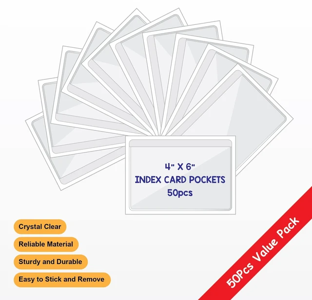 Alt view image 2 of 6 - Clear Adhesive 4" x 6" Index Card Pockets, Labels Holders, 50 Pack Top Open for Loading, Plastic Labels Holders, For Storage Bins and Library Card, Organizing and Protecting Cards, Photos