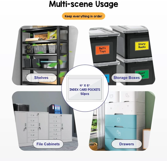 Alt view image 3 of 6 - Clear Adhesive 4" x 6" Index Card Pockets, Labels Holders, 50 Pack Top Open for Loading, Plastic Labels Holders, For Storage Bins and Library Card, Organizing and Protecting Cards, Photos