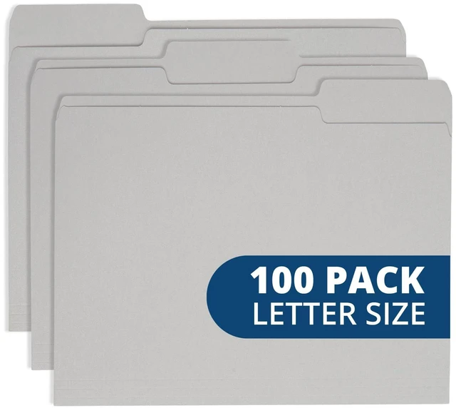Main image of 100 Gray File Folders, Letter Size, 1/3 Cut Tab, 11pt Durable 11pt Gray Paper, 1/3 Cut Tabs, Holds Letter Documents, Home and Office Color Coded Filing