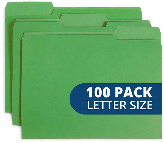 Main image of 100 File Folders, Letter Size, 1/3 Cut Tab, Green Durable 11pt Uncoated Paper, 1/3 Cut Top Tab, Assorted Tab Positions, for Office, School, and Home Filing