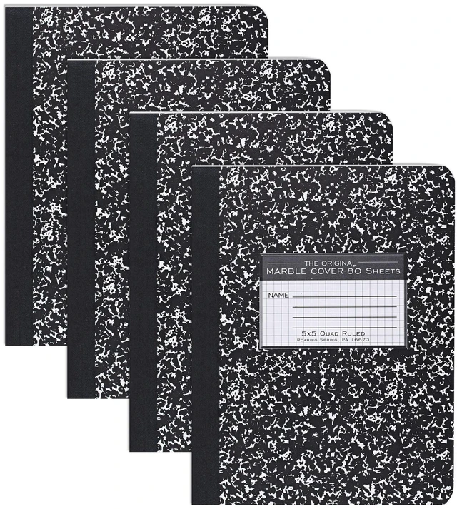 Main image of Hard Cover Composition Book, Graph Rule, 160 Pages, 4 Pack Student School Composition Book, 9.75"x7.5", Black Marble Cover, 80 Sheets of 15lb Paper, 5x5 Grid, Center Sewn, Made in USA