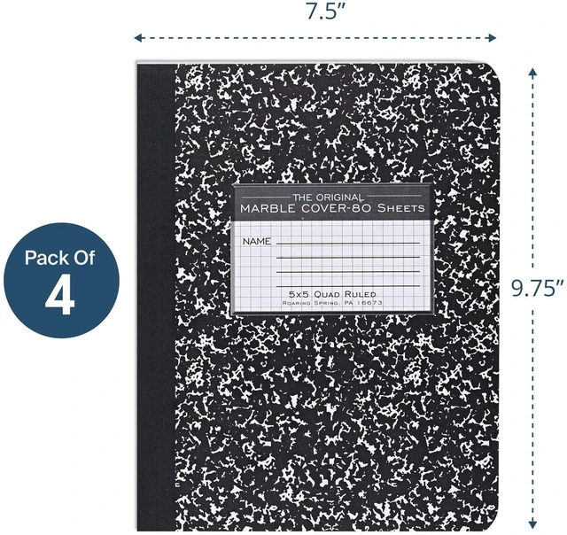 Alt view image 3 of 7 - Hard Cover Composition Book, Graph Rule, 160 Pages, 4 Pack Student School Composition Book, 9.75"x7.5", Black Marble Cover, 80 Sheets of 15lb Paper, 5x5 Grid, Center Sewn, Made in USA