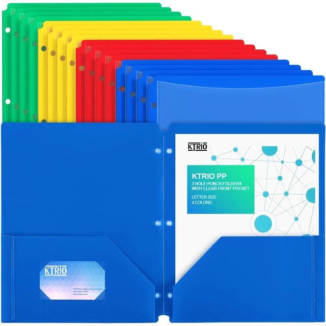 Main image of 16 Pack 2 Pocket 3 Hole Folders, Clear Front Pocket, 4 Colors Letter Size Fit, Water-Resistant PP, Business Card Slot, 2 Pocket Storage, School Office Use