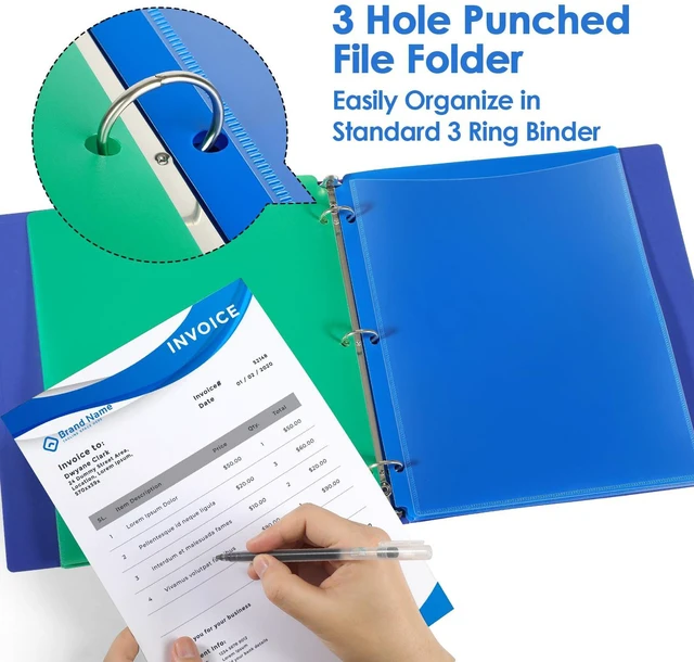 Alt view image 3 of 7 - 16 Pack 2 Pocket 3 Hole Folders, Clear Front Pocket, 4 Colors Letter Size Fit, Water-Resistant PP, Business Card Slot, 2 Pocket Storage, School Office Use