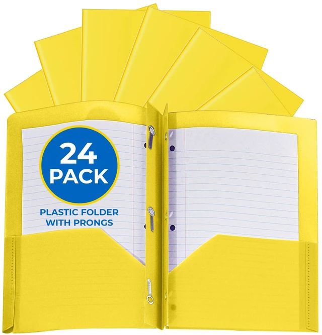Main image of 24 Pack Yellow Plastic Folders with Pockets Heavy Duty. 2 Pocket Folder with Prongs Bulk. Tear-Resistant Letter Size 8.5x11. Presentation Ready School and Office Supplies