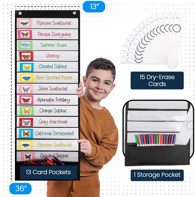 Alt view image 2 of 6 - Daily Schedule Pocket Chart, Black, 13 Pockets Ultra-Durable Visual Schedule for Classrooms or Home, Easy to Use, Reusable, Sentence Strips