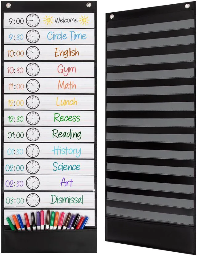 Main image of Daily Schedule Pocket Chart, Black, 13 Pockets Ultra-Durable Visual Schedule for Classrooms or Home, Easy to Use, Reusable, Sentence Strips
