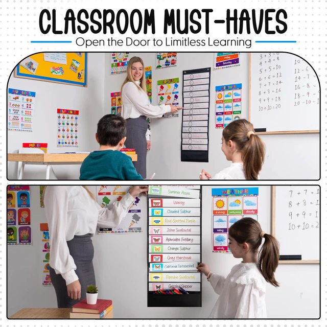 Alt view image 6 of 6 - Daily Schedule Pocket Chart, Black, 13 Pockets Ultra-Durable Visual Schedule for Classrooms or Home, Easy to Use, Reusable, Sentence Strips
