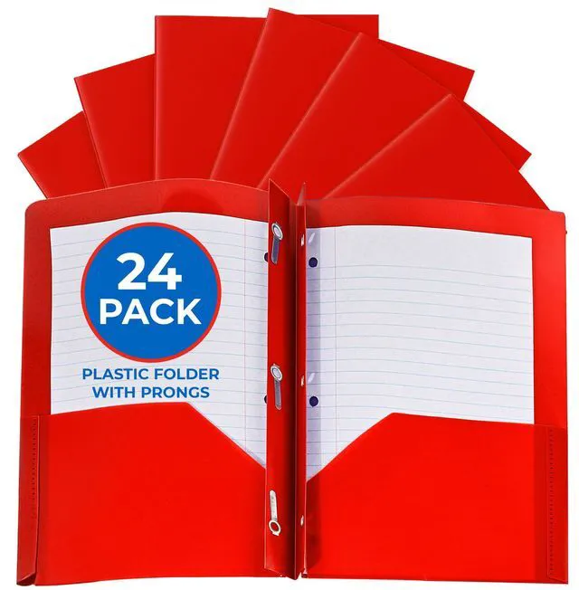 Main image of 24 Pack Red Plastic Folders with Pockets Heavy Duty. 2 Pocket Folder with Prongs Bulk. Tear-Resistant Letter Size 8.5x11. Presentation Ready School and Office Supplies