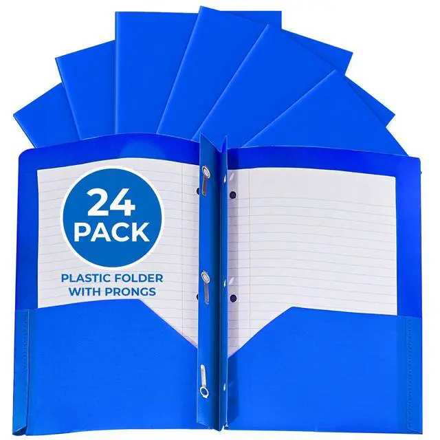 Main image of 24 Pack Blue Plastic Folders with Pockets Heavy Duty. 2 Pocket Folder with Prongs Bulk. Tear-Resistant Letter Size 8.5x11. Presentation Ready School and Office Supplies