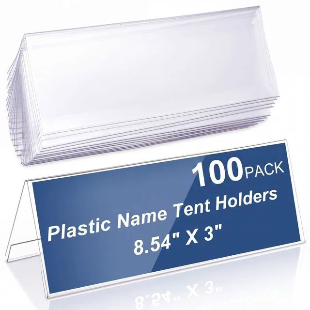 Main image of 24 Pack Clear Name Tent Holders Desk Sign, 8.54'' X 3'', 100 Pcs Clear Plastic Name Plate Holder for Desk, PVC Names Card Holder, Table Sign Frame for Office School Business Conference