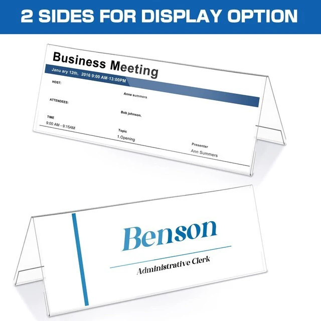 Alt view image 3 of 7 - 24 Pack Clear Name Tent Holders Desk Sign, 8.54'' X 3'', 100 Pcs Clear Plastic Name Plate Holder for Desk, PVC Names Card Holder, Table Sign Frame for Office School Business Conference