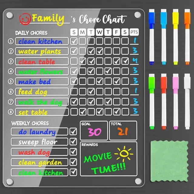 Main image of Acrylic Magnetic Chore Chart for Kids, 12x9.5 Inch, 1 Pack Clear Dry Erase Fridge Chore and Reward Board for Multiple Kids and Teens; Embedded Magnets; 8 Wet-Erase Markers and Towel