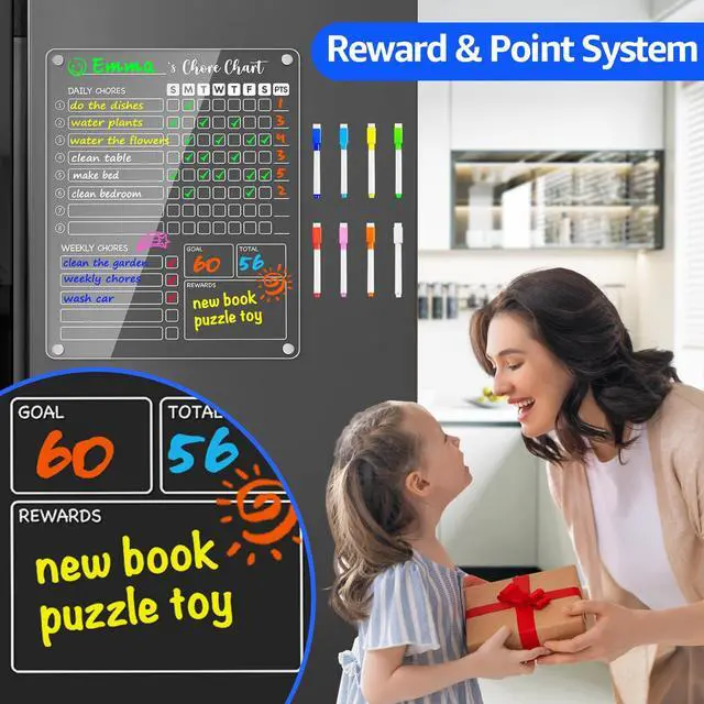 Alt view image 2 of 7 - Acrylic Magnetic Chore Chart for Kids, 12x9.5 Inch, 1 Pack Clear Dry Erase Fridge Chore and Reward Board for Multiple Kids and Teens; Embedded Magnets; 8 Wet-Erase Markers and Towel