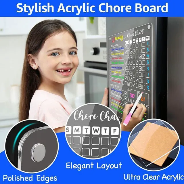 Alt view image 4 of 7 - Acrylic Magnetic Chore Chart for Kids, 12x9.5 Inch, 1 Pack Clear Dry Erase Fridge Chore and Reward Board for Multiple Kids and Teens; Embedded Magnets; 8 Wet-Erase Markers and Towel