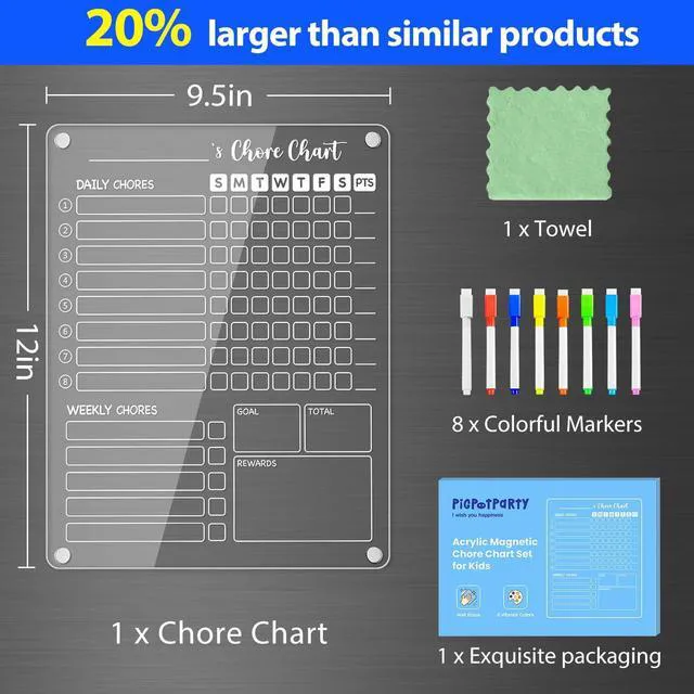 Alt view image 7 of 7 - Acrylic Magnetic Chore Chart for Kids, 12x9.5 Inch, 1 Pack Clear Dry Erase Fridge Chore and Reward Board for Multiple Kids and Teens; Embedded Magnets; 8 Wet-Erase Markers and Towel