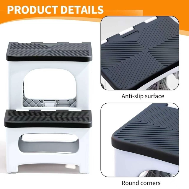 Alt view image 7 of 7 - 2 Step Stool Foldable, Non-Slip Steps, Folding Step Stool for Adults & Kids, Plastic Stool Pool Ladder, Collapsible Stools 2 Step Ladder for Kitchen Toilet Bedroom Office RV, Holds 330 lbs
