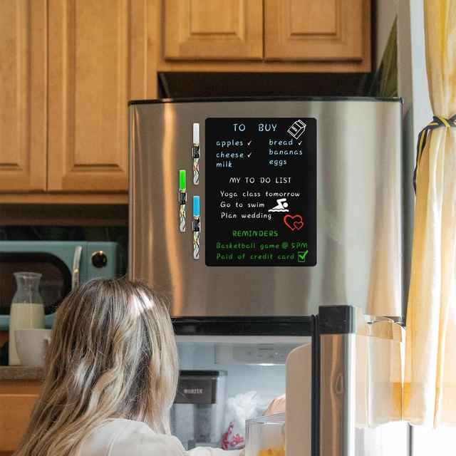 Alt view image 2 of 7 - Magnetic Black Dry Erase Board Fridge Chalkboard Sheet 17"x11" Easy to Read with 3 Bright Colors Chalk Markers, Flexible Refrigerator Magnet Blackboard for Weekly Menu & Grocery List