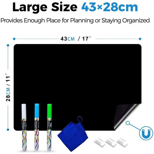 Alt view image 3 of 7 - Magnetic Black Dry Erase Board Fridge Chalkboard Sheet 17"x11" Easy to Read with 3 Bright Colors Chalk Markers, Flexible Refrigerator Magnet Blackboard for Weekly Menu & Grocery List