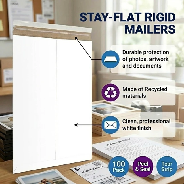 Alt view image 2 of 7 - Rigid Mailers 9" x 12" (100-Pack) - Cardboard Mailer Envelopes for Photos, Documents, Prints - Stay Flat