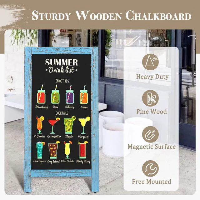 Alt view image 2 of 7 - Double-Sided Magnetic 40" x 20" Blue Chalk Board Sign Board Wooden A-Frame Sign, Sandwich Board Signs Outdoor, Chalkboard Easel, Menu Board for Restaurant, Business or Wedding