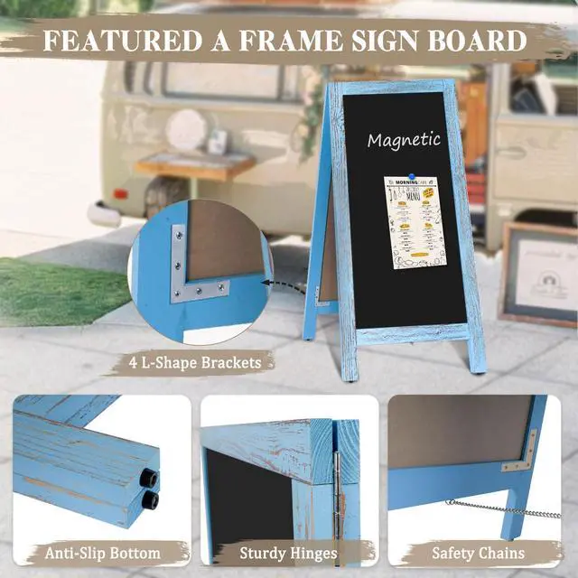 Alt view image 4 of 7 - Double-Sided Magnetic 40" x 20" Blue Chalk Board Sign Board Wooden A-Frame Sign, Sandwich Board Signs Outdoor, Chalkboard Easel, Menu Board for Restaurant, Business or Wedding