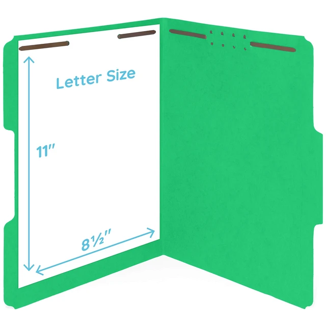 Alt view image 4 of 4 - 50 Green Fastener File Folders, Letter, 1/3 Cut Tab Durable 11pt Green Paper, Reinforced 1/3 Cut Tabs, 2 Prong Fasteners, Medical, Law Client and Office Files