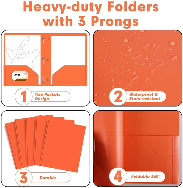 Alt view image 5 of 7 - 30 Pack Plastic 2 Pocket Folders with Prongs, Letter Size Orange Functional Folder Design With Metal Fastener Prongs, Keeps Documents Organized For School, Home And Workplace Filing
