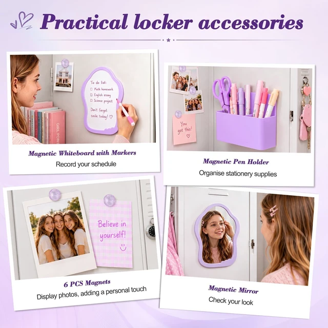 Alt view image 4 of 7 - Purple Locker Accessories Kit for Girls, Locker Organizer Kit with Locker shelf, Magnetic Mirror and Whiteboard, Pen holder, Magnets, Back to School Locker Essentials Decorations Kit